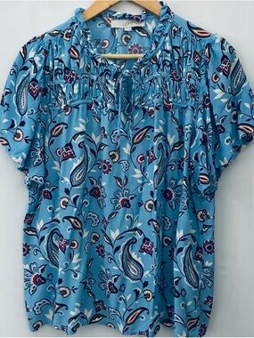 LOFT Light Blue Paisley Smocked Yoke Short-Sleeve Blouse